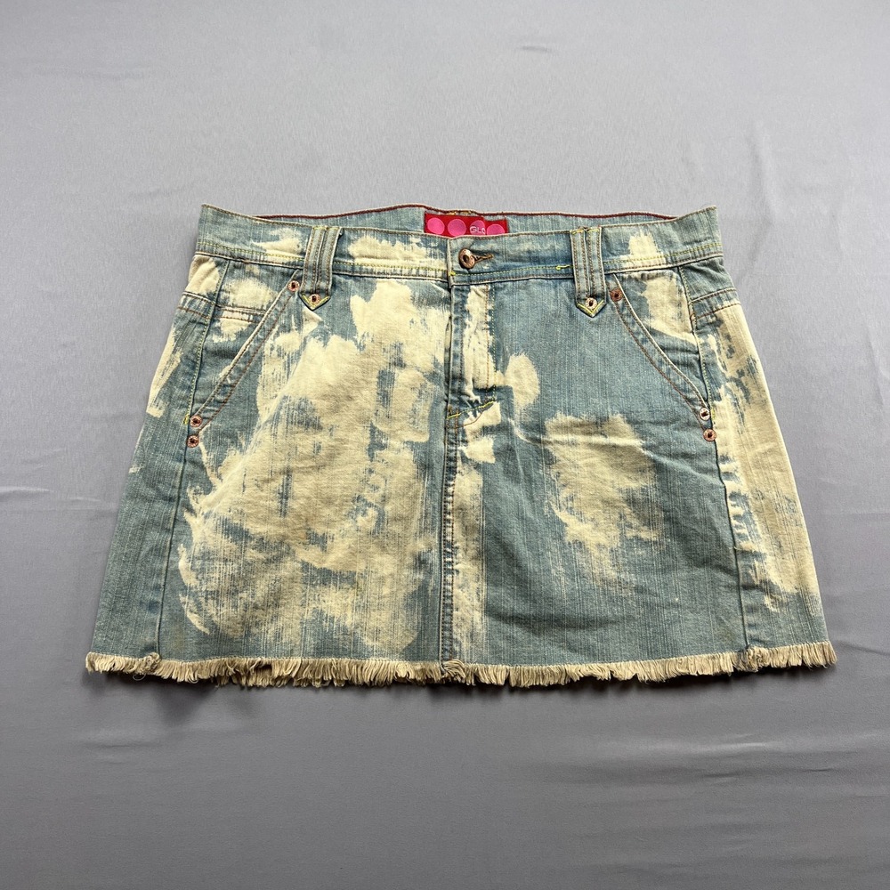 Vintage Glo Denim Skirt Juniors 11 Cotton Bleach Wash Fringe Hem Street Wear